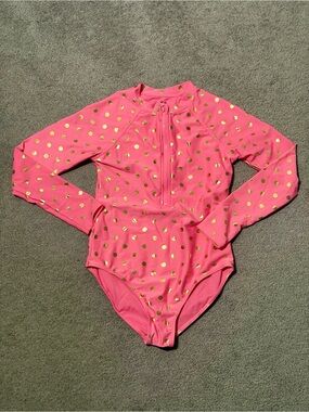 Girls' Wonder Nation Pink Long Sleeve Gold Dot One-Piece Swimsuit - L 10/12
